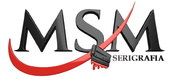 Logotipo da MSM Serigrafia, com as letras MSM em preto e um pincel com tinta vermelha atravessando o nome.